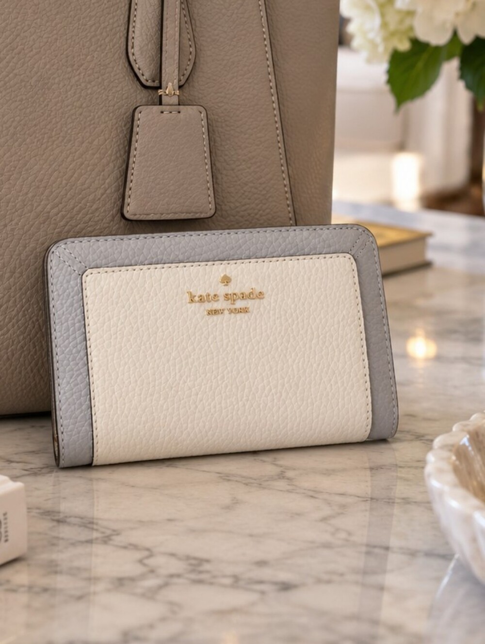 Kate Spade Lena Medium Pebbled Leather Colorblock Bifold Wallet Quiet Luxury NEW